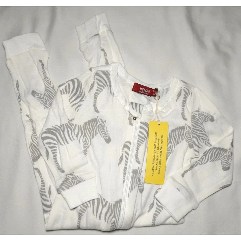 MILKBARN Baby Zebra Organic Cotton‎ Pajamas 9 12 Mos Zipper 1pc Sleeper Outfit